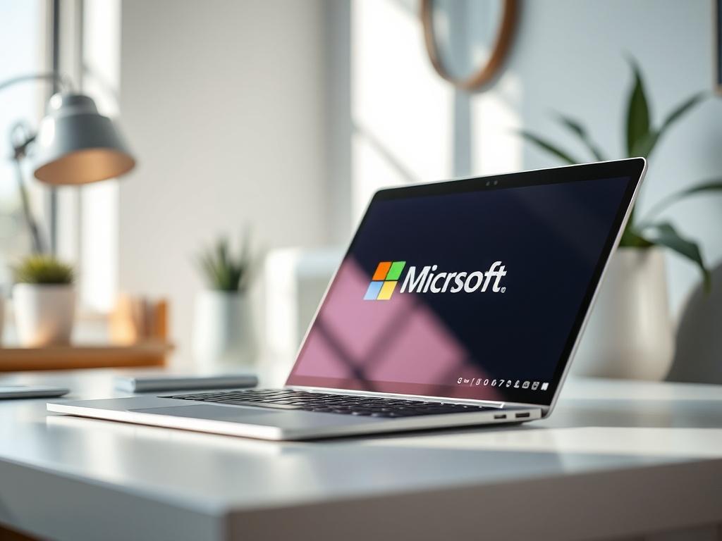 A hyper-realistic close-up shot of a Microsoft product, such as a Surface laptop, with a clean and modern workspace in the background. The image should have a focus on the laptop screen displaying the Microsoft logo and interface, with soft natural lighting highlighting the device's sleek design. The primary color theme should incorporate rgb(226, 1, 1) subtly in the workspace decor.