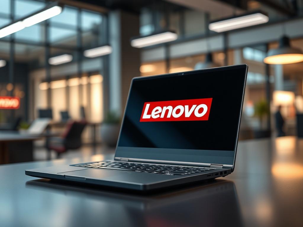 A hyper-realistic close-up shot of a Lenovo laptop on a sleek office desk, with a blurred background featuring a modern office environment. The laptop screen should display a vibrant Lenovo logo, and the lighting should highlight the sleek design of the laptop. The image should evoke a sense of professionalism and productivity, capturing the essence of Lenovo's innovative technology.