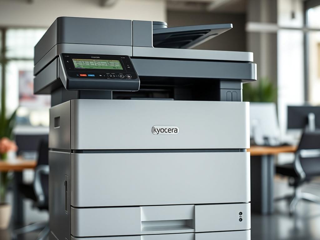 A hyper-realistic close-up shot of a Kyocera Taskalfa copier in a modern office environment. The copier is prominently displayed, showcasing its sleek design and user-friendly interface. The background features a clean and professional workspace with soft natural lighting, emphasizing the copier's functionality and design. The composition is focused on the copier, capturing its details and creating a sense of professionalism and efficiency.