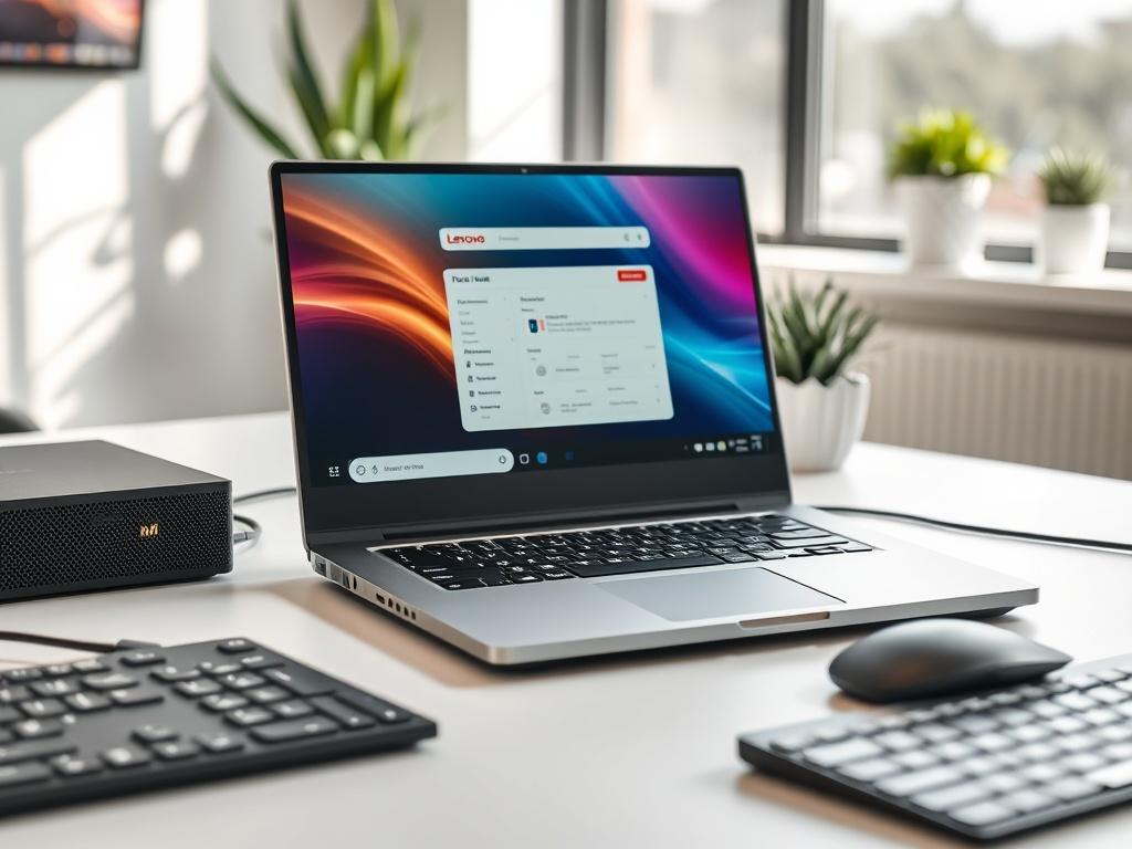 A realistic high-resolution photo showcasing a Lenovo laptop on a clean, modern desk. The laptop is open, displaying a vibrant screen that highlights a fiber availability search tool interface. Surrounding the laptop are Lenovo desktop accessories including a sleek mouse and a compact keyboard. The background is softly blurred, emphasizing the laptop and accessories, with natural light streaming in from a nearby window.