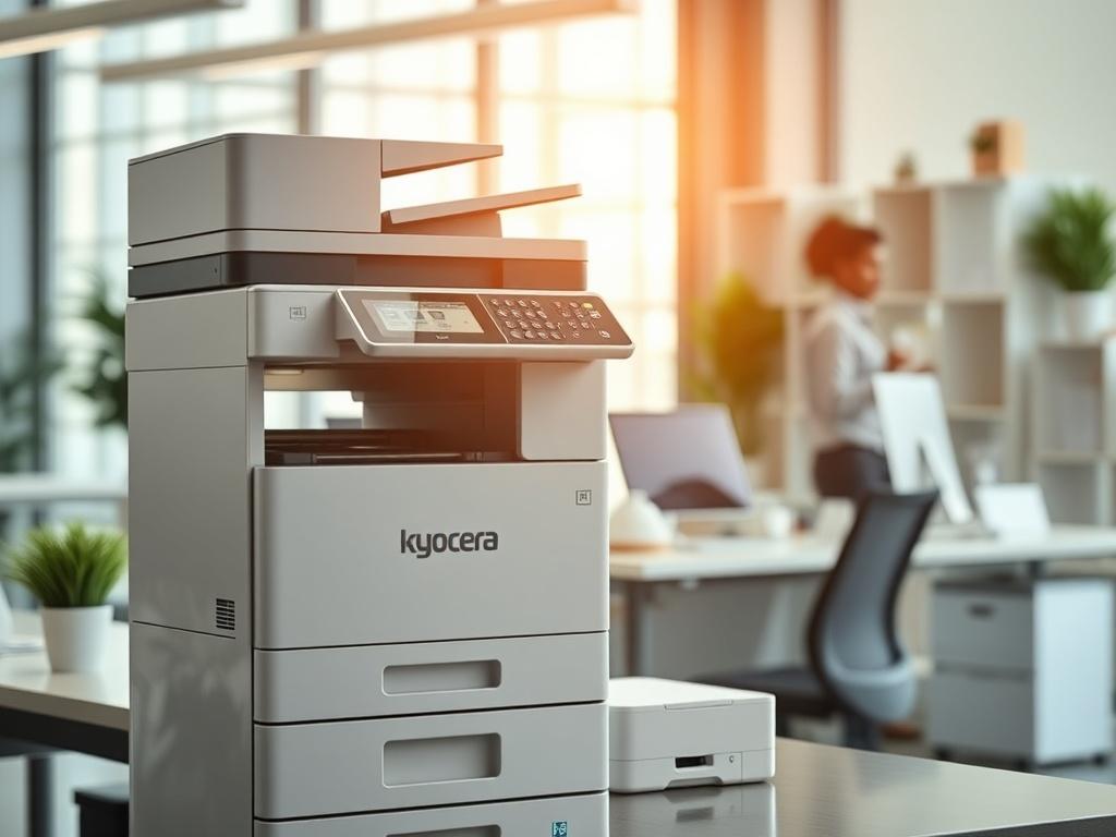 A realistic high-resolution photo showcasing a Kyocera multifunction printer in an office setting. The printer should be the focal point, clearly displaying its features. The background should be a well-organized office with a clean desk and modern decor, emphasizing productivity and professionalism. The lighting should be bright and inviting, highlighting the printer's sleek design and advanced capabilities.