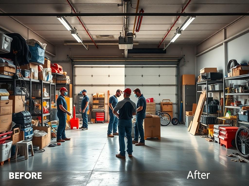A realistic high-resolution photo of a large, cluttered garage being transformed. A team of professionals is seen working together to clear out various items, with before and after sections shown in the image. The focus is on teamwork and efficiency, with bright, clean lighting emphasizing the progress and transformation. The image encapsulates a sense of accomplishment and renewal.