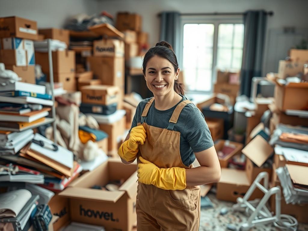 A realistic high-resolution photo of a cluttered room with piles of boxes and discarded items being cleaned up by professionals. The focus is on a single cleaner in action, wearing gloves and smiling, showing determination. The background should be a partially cleared area, displaying the contrast between chaos and order. The image should reflect a sense of transformation and hope, with natural lighting enhancing the mood.