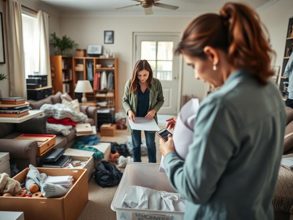 A realistic high-resolution photo of a living room cluttered with furniture and personal items. A professional organizer is in the forefront, actively sorting through items and working with a client. The background should show a clear plan for organization and decluttering, with a bright, welcoming atmosphere. The image captures teamwork and progress, emphasizing the effectiveness of the cleanup process.