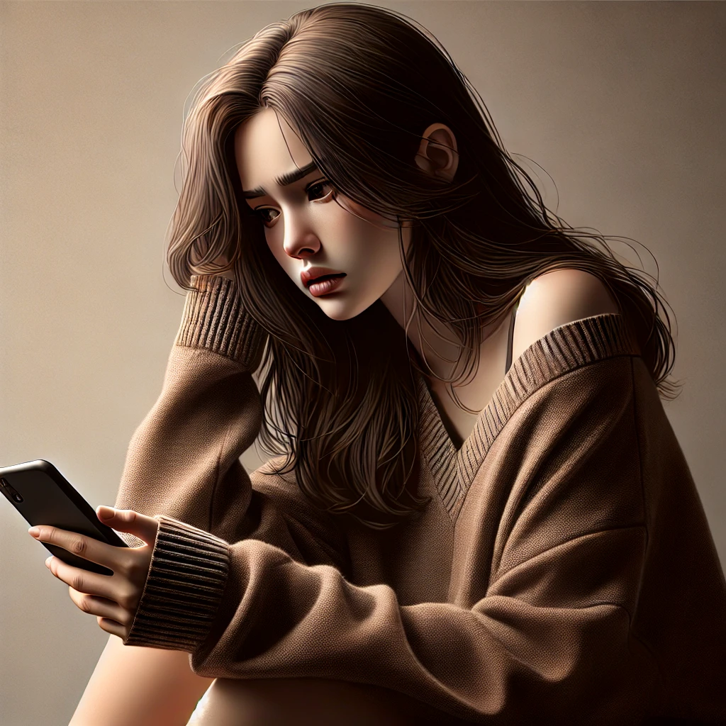 dall·e 2025-06-27 06.00.15 - a realistic digital illustration showing a distressed young woman with long dark hair, wearing a brown sweater, holding a smartphone and looking upset.webp