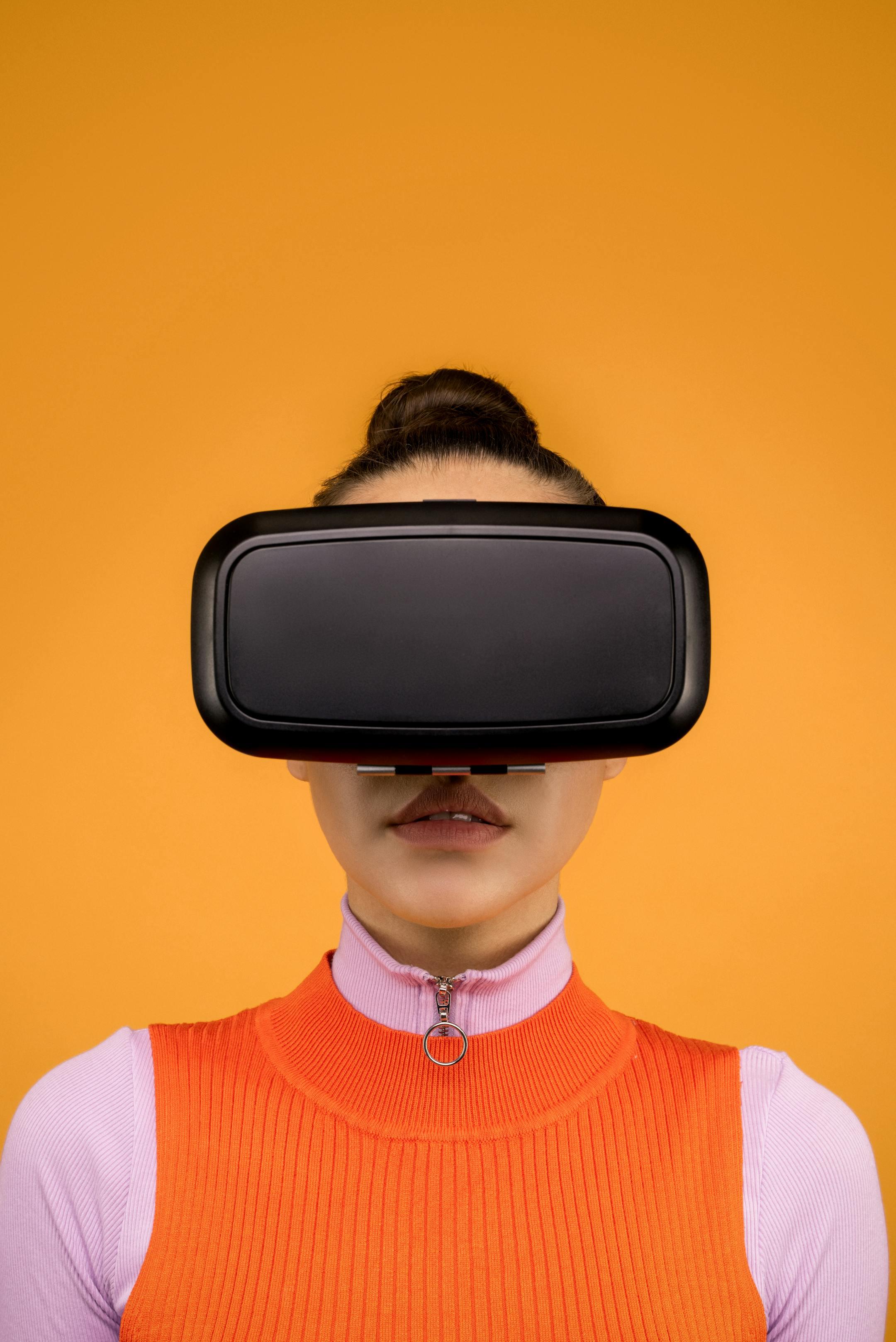 Portrait of a woman immersed in virtual reality experience wearing VR headset.