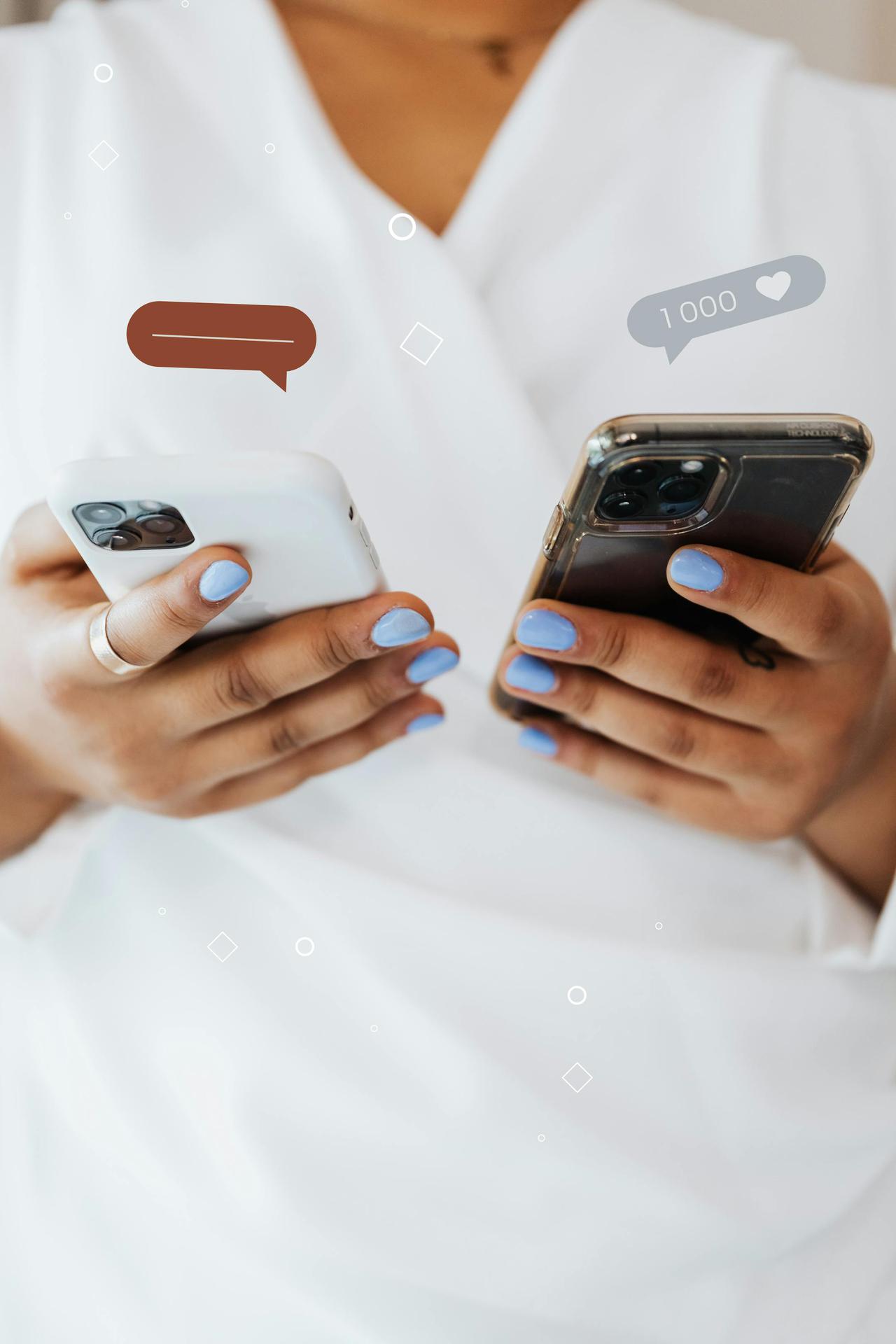 Close-up of person holding two smartphones, symbolizing modern communication trends.