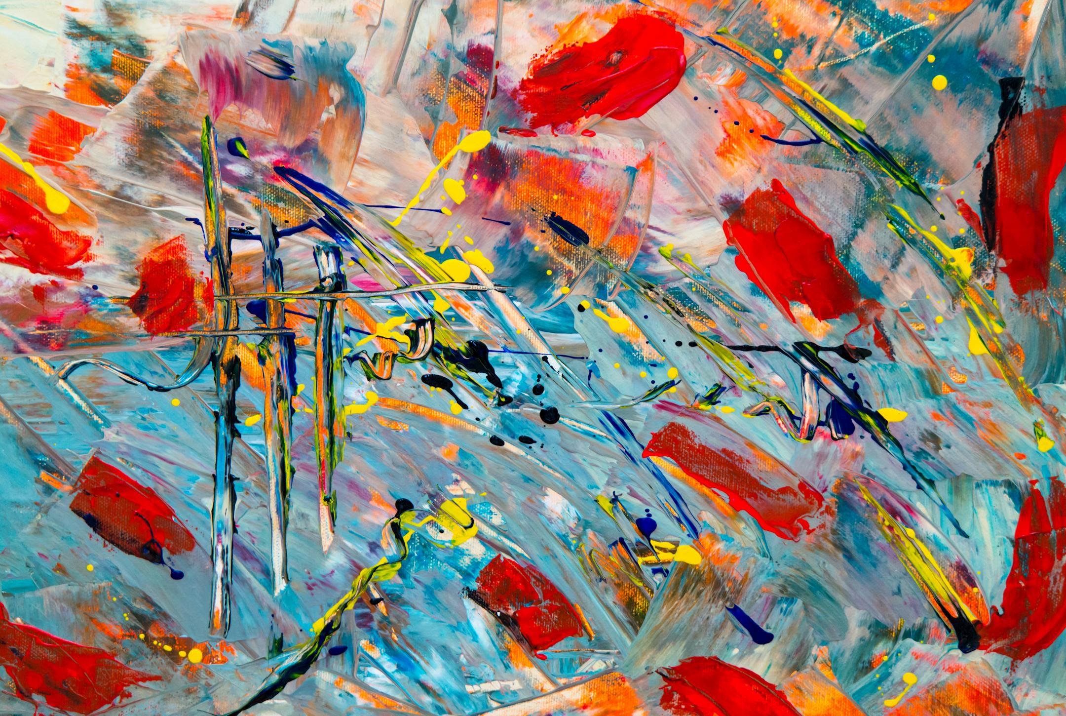 Vibrant abstract expressionist artwork with colorful acrylic strokes and dynamic composition.