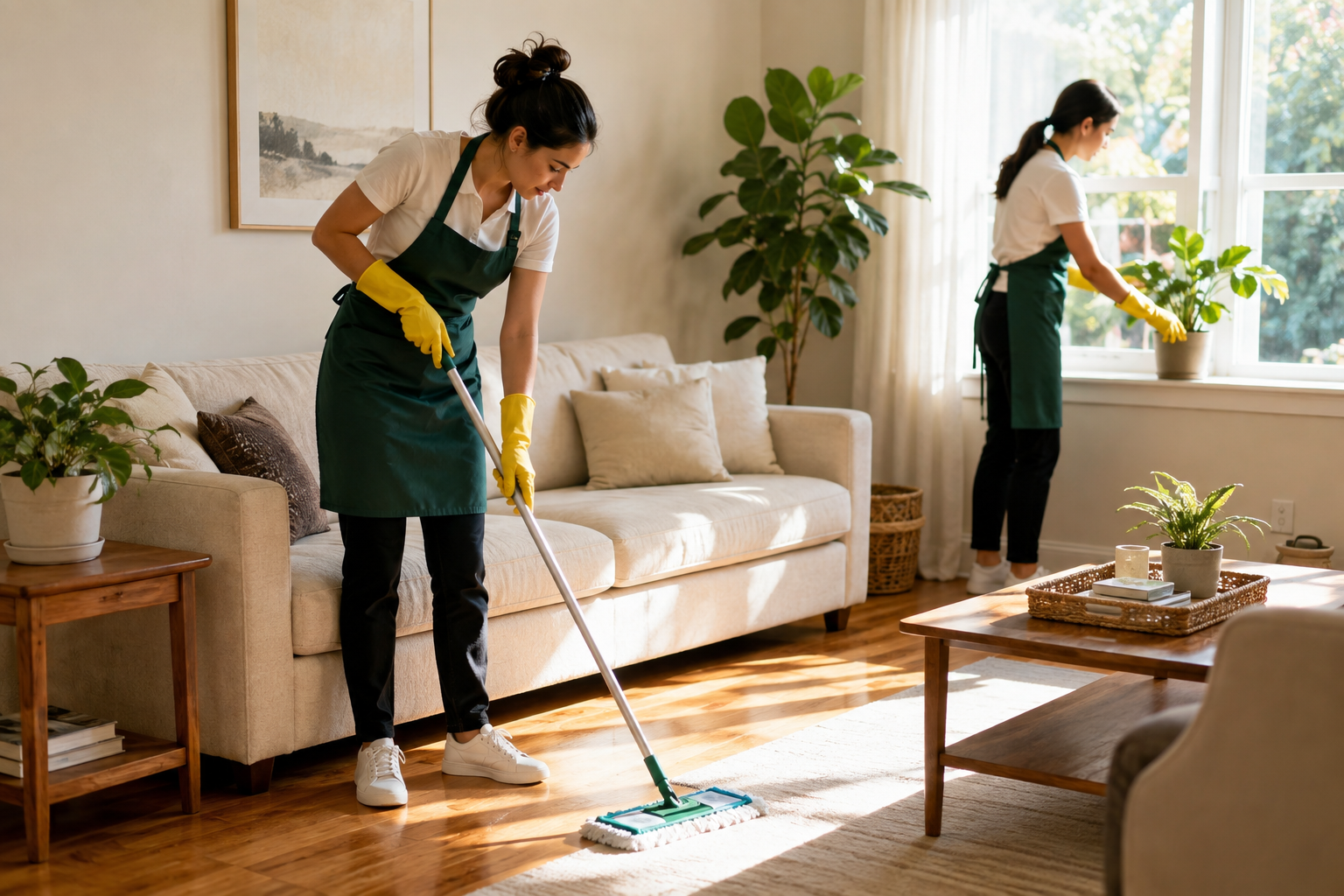 Clear Water cleaners in green aprons and gloves cleaning a bright living room