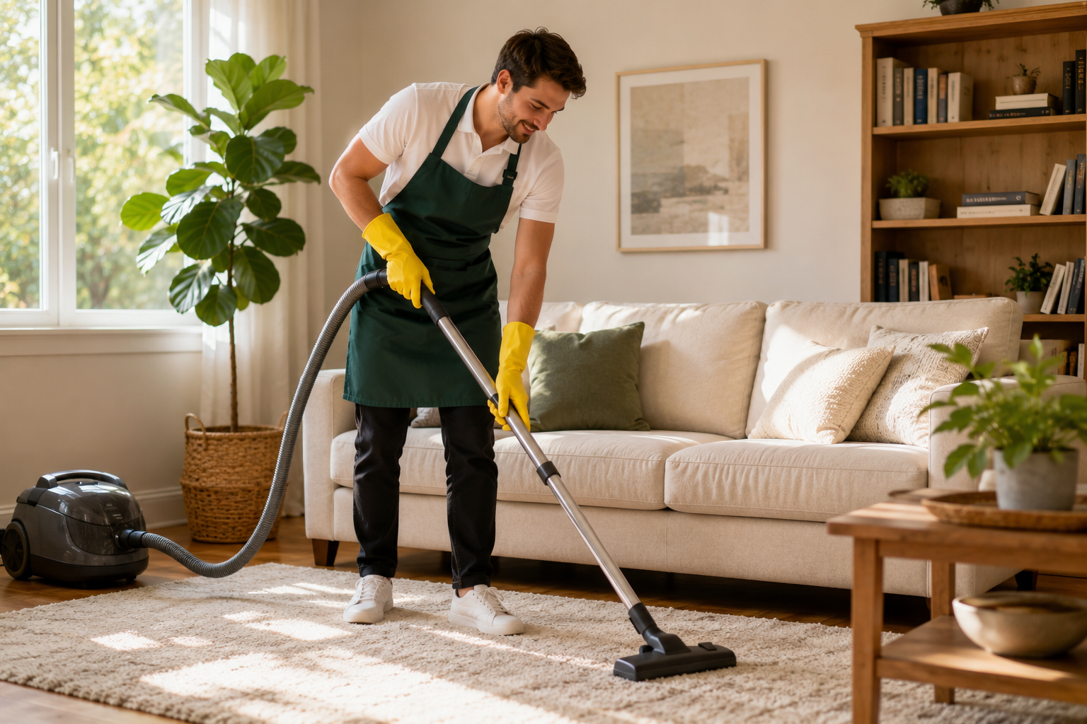 Cleaner vacuuming a bright living room