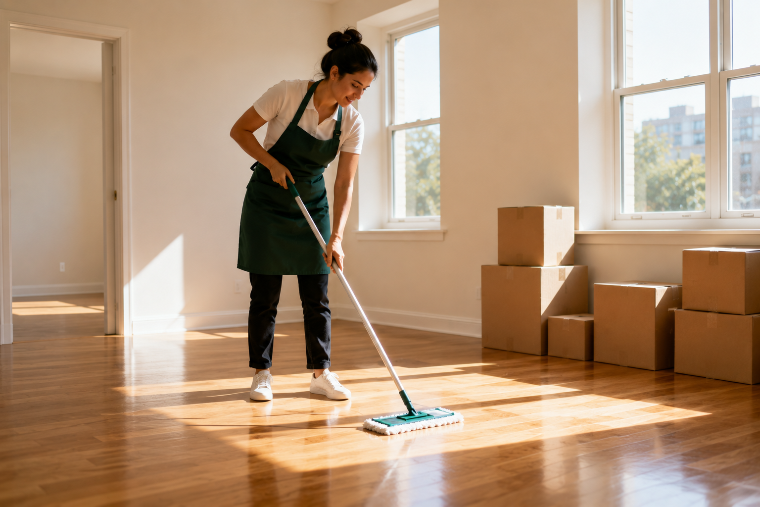 Cleaner mopping gleaming floors in an empty home
