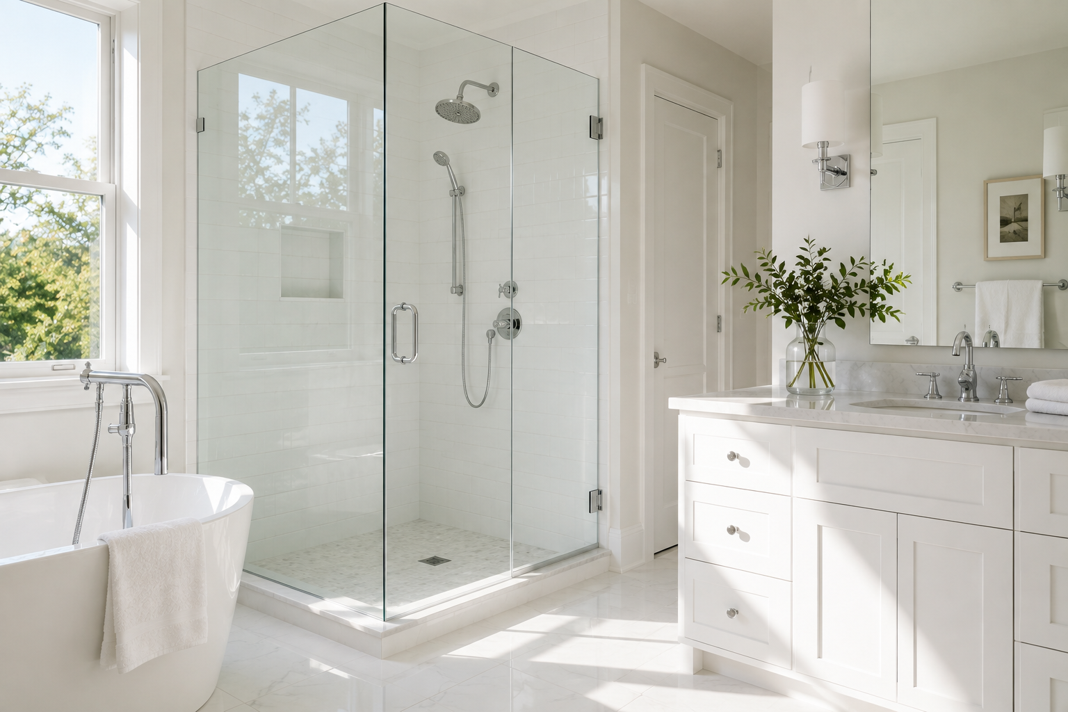 Sparkling clean white bathroom after a deep clean