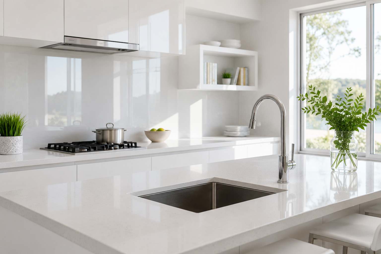 Gleaming kitchen countertops after a professional clean