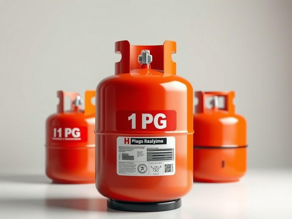 A realistic high-resolution photo of a 19kg gas cylinder, prominently displayed with a clean background. The cylinder should be shiny and new, showcasing its robust and industrial design. The colors should be vibrant, highlighting the orange, red, and black tones that reflect the energy and trustworthiness of a gas supply business. The image should focus solely on the gas cylinder, with minimal distractions in the background, capturing its essential features.