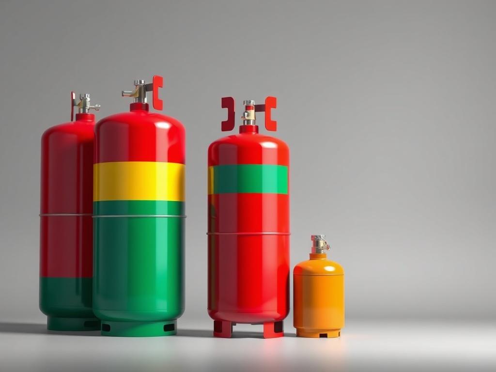 A realistic high-resolution image of a 48kg gas cylinder, prominently displayed with a clear focus on the cylinder itself. The background should be minimalistic, emphasizing the cylinder's bold and vibrant colors. The composition should highlight the sturdy and professional design of the gas cylinder, showcasing its industrial utility and reliability. The lighting should be bright, enhancing the details and textures of the cylinder.