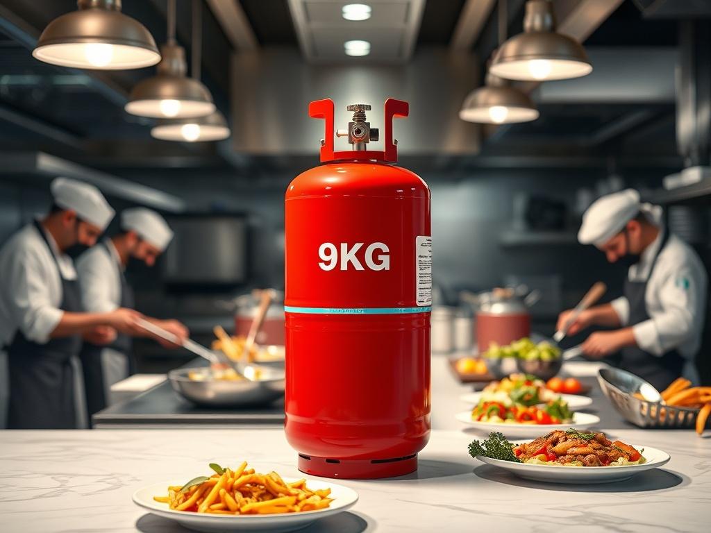 A high resolution image of a 9KG gas cylinder prominently