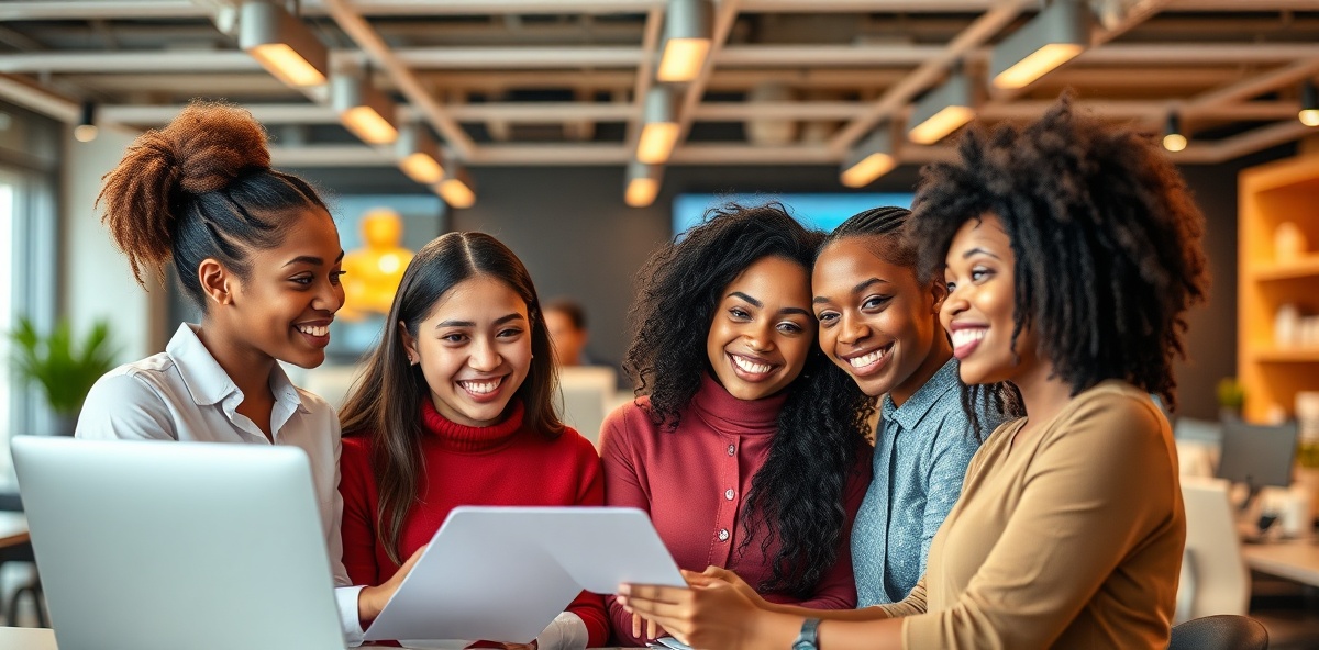 Diverse young students working in modern office and retail environments