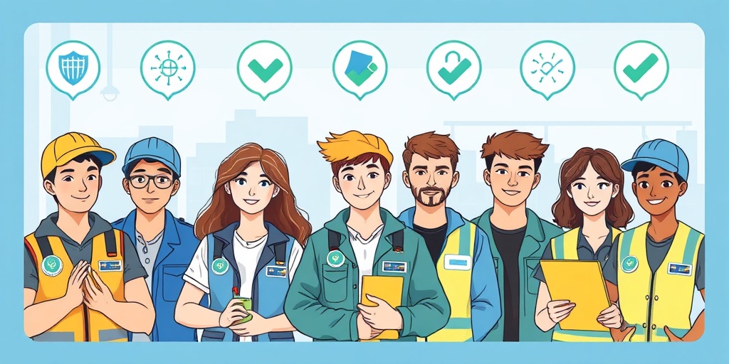 Safety and compliance illustration showing diverse teenagers in safe work environments with security badges and trust symbols