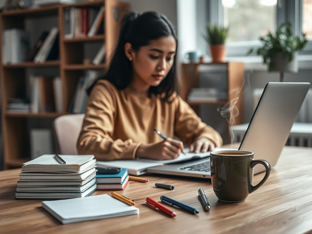 Create a realistic high-resolution photo featuring a single, focused subject: a person sitting at a clean, organized wooden desk, deeply engaged in writing. This individual, a young woman of diverse descent, should be shown from a slightly elevated perspective, capturing her concentration and the thoughtful expression on her face as she composes an essay. 

In the foreground, include a laptop open with a blank document visible on the screen, alongside a neatly stacked pile of notebooks and a few colorful pe