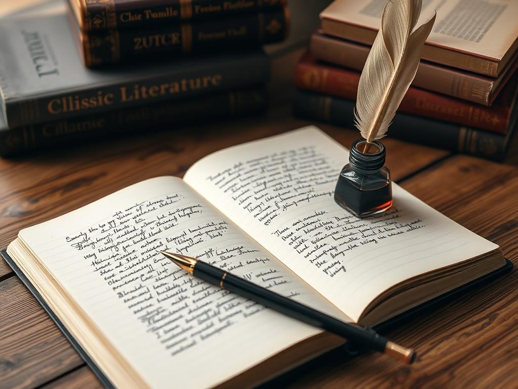**AI Image Generation Prompt:**
Create a realistic high-resolution photo featuring an open notebook on a wooden table, representing the theme "Grammar or Fancy Words: What Really Matters in Writing?". The notebook should have handwritten notes, showcasing a mix of well-structured sentences and some embellished vocabulary to illustrate the contrast between grammar and fancy words. 
The composition should be simple and clear, with the notebook positioned centrally in the frame, inviting the viewer’s attenti
