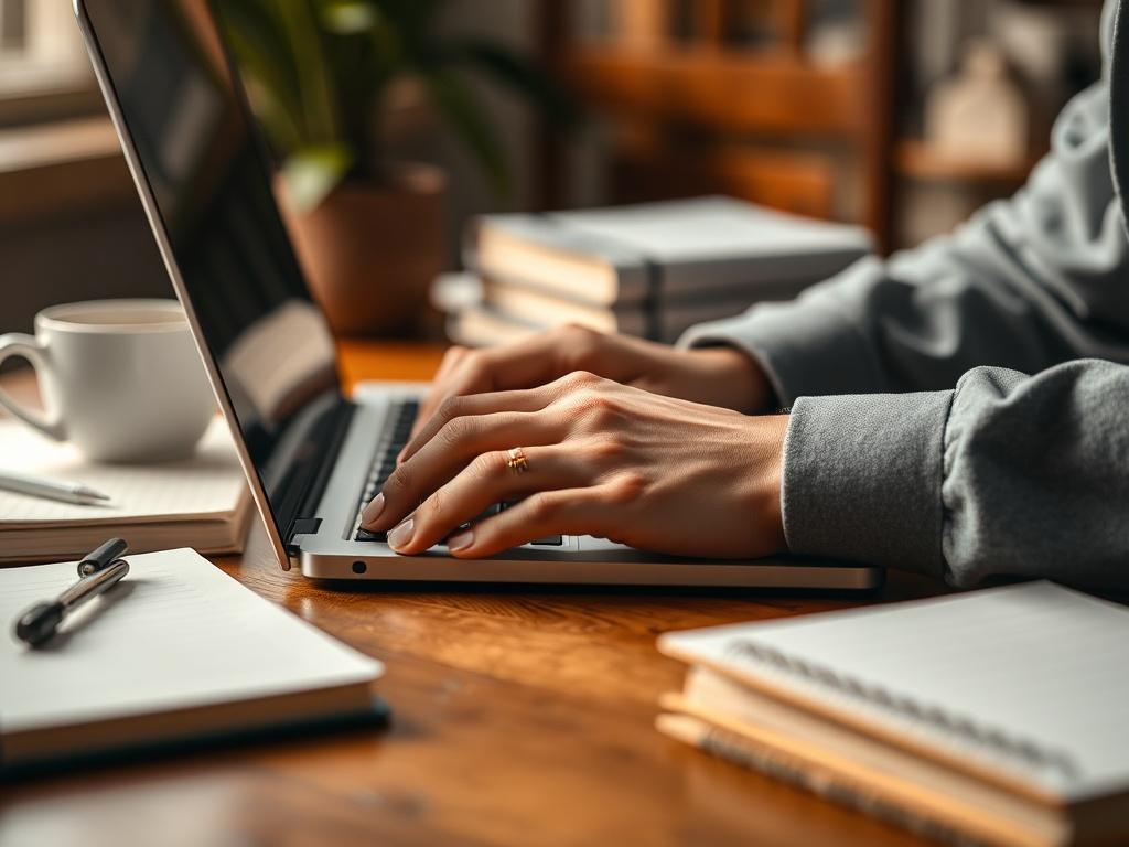 A close up shot of a writer's hand typing on