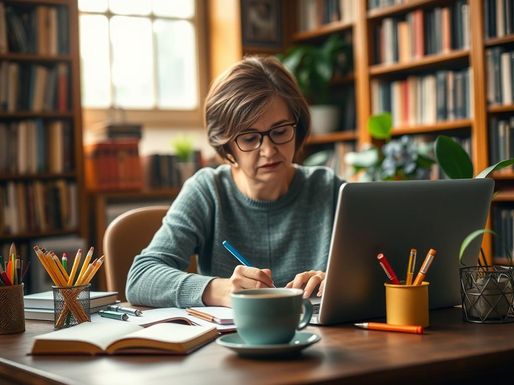 Create a realistic high-resolution photograph that embodies the theme "Effective Writing Techniques." The composition should be simple and clear, featuring a single subject: a focused writer seated at a well-organized desk. The writer, a middle-aged woman with a thoughtful expression, is intently typing on a laptop. Surround her with essential writing tools, such as an open notebook, a few colorful pens, and a steaming cup of coffee, emphasizing a productive writing environment. 

The background should be s