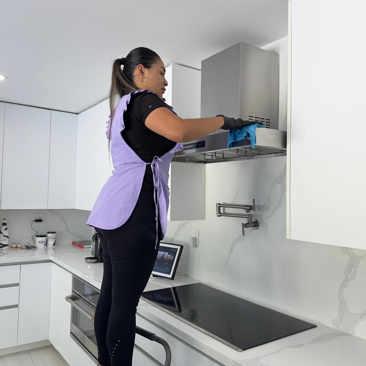 Luxurious pristine kitchen after deep cleaning, stainless steel appliances and marble countertops
