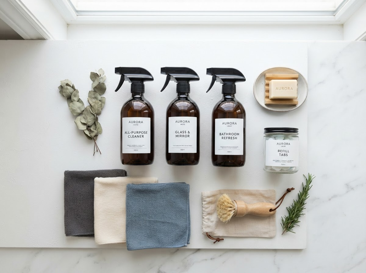 Professional cleaning supplies neatly arranged, representing Lili Sunshine Cleaning's attention to detail