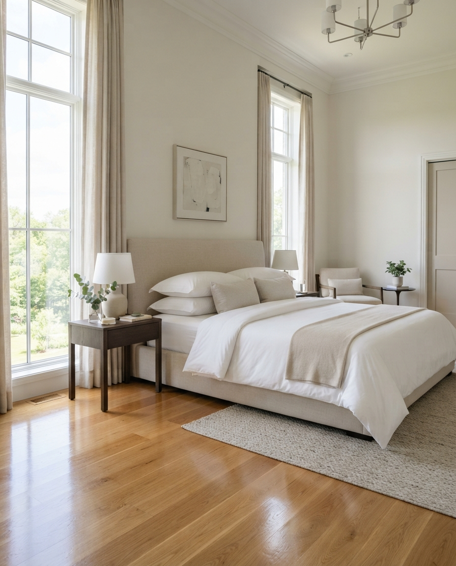 Stunning clean master bedroom with pristine linens and spotless windows