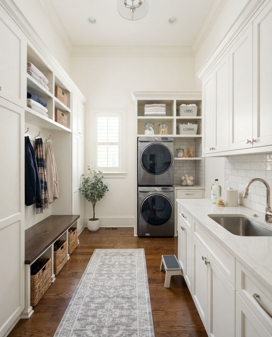 Pristine clean laundry and storage room with organized white cabinets and shelving