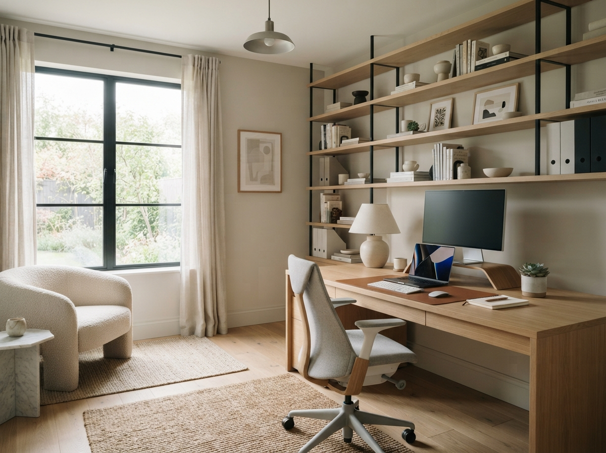Modern home office painted with soft neutral professional colors and premium finish