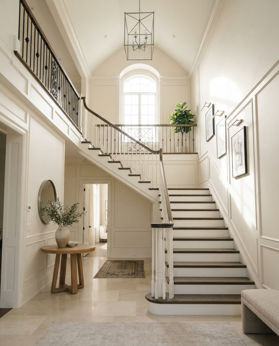 Tall view of professionally painted home staircase and entryway with white and neutral tones