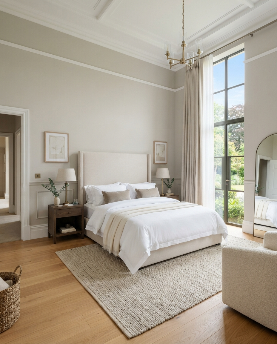 Tall view of professionally painted master bedroom with soft neutral walls and premium finish