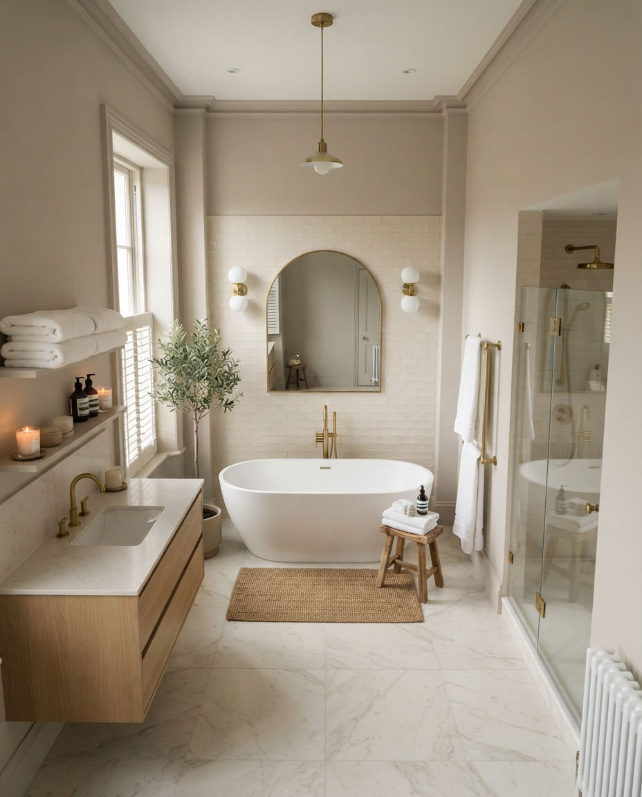 Tall view of beautifully painted bathroom with soft neutral walls and professional finish