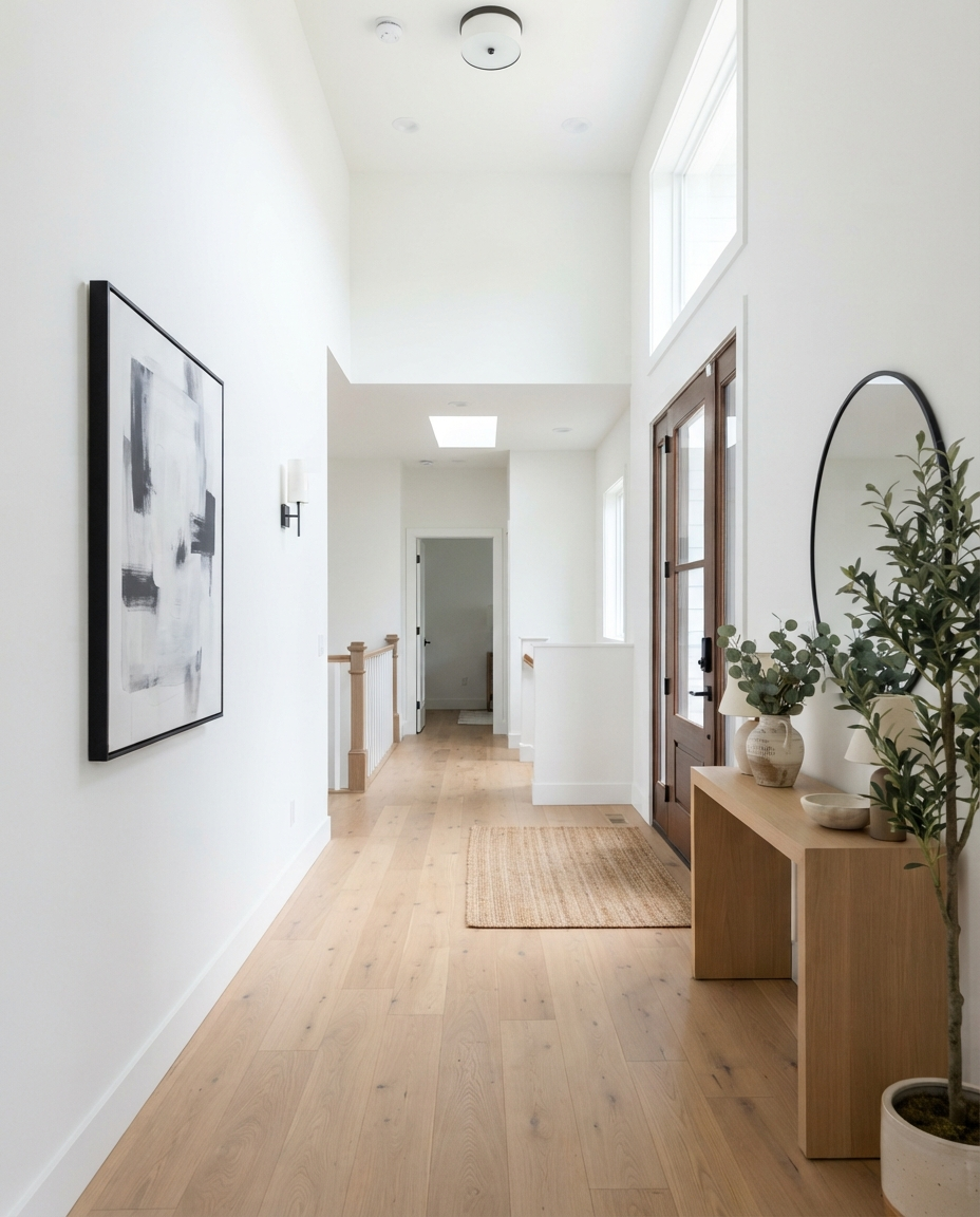 Tall view of freshly painted home interior hallway with white walls and professional quality