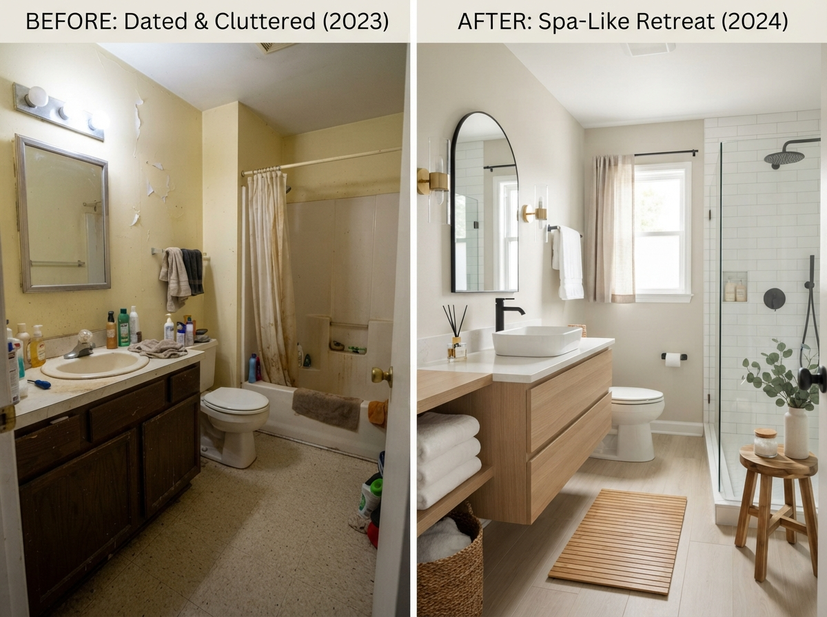 Bathroom before and after professional painting showing spa-like transformation