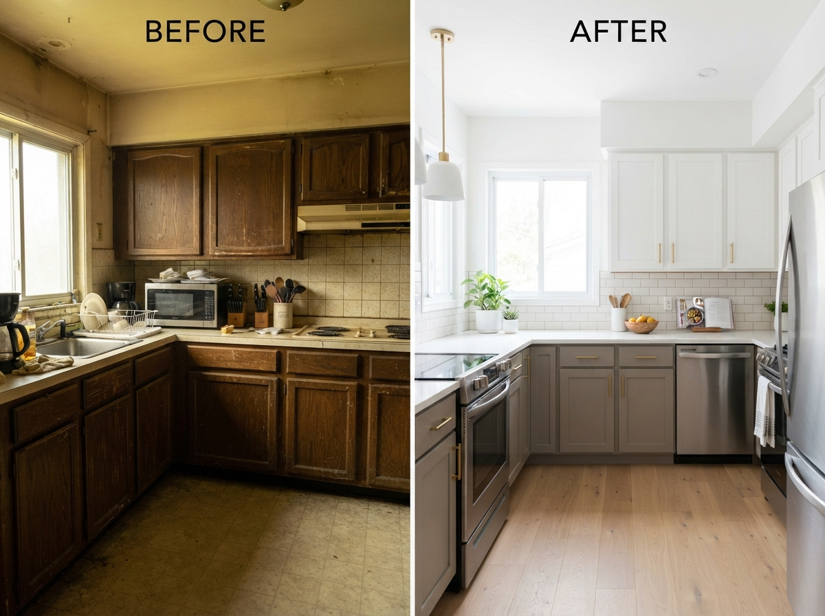 Kitchen area before and after professional painting transformation
