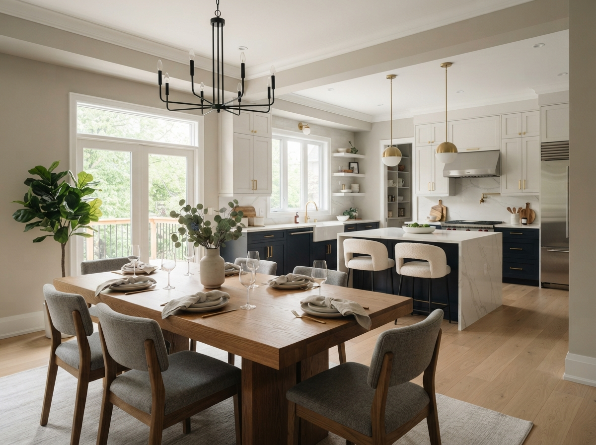 Freshly painted dining room and kitchen area with professional neutral paint