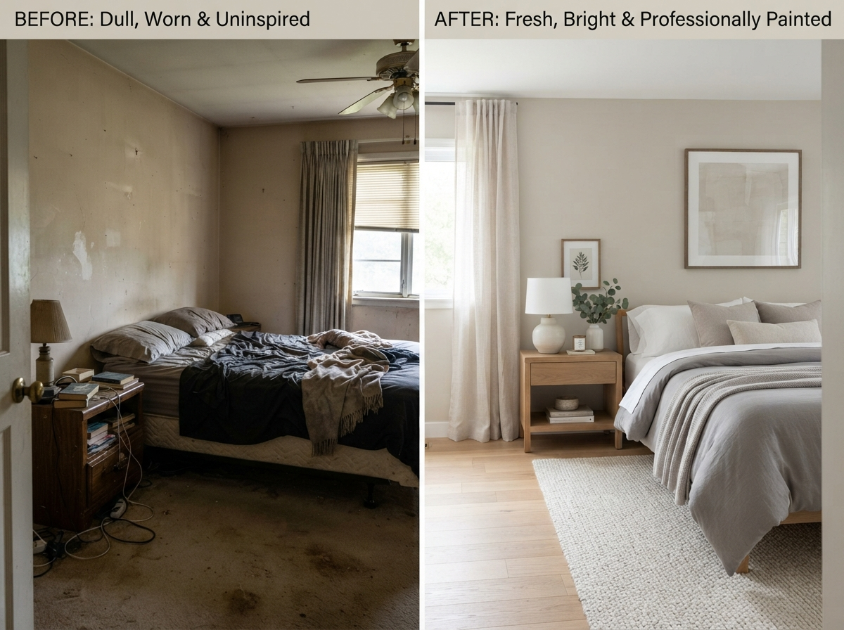 Bedroom before and after painting showing transformation with professional finish