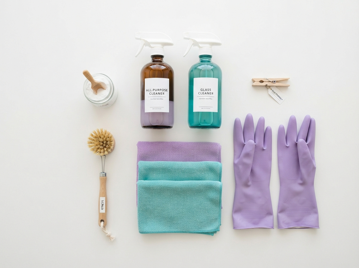 Professional cleaning supplies neatly arranged for a detailed deep cleaning