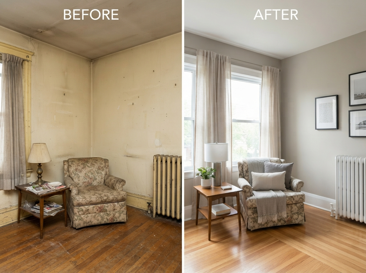 Before and after painting transformation showing dingy walls transformed to fresh painted space