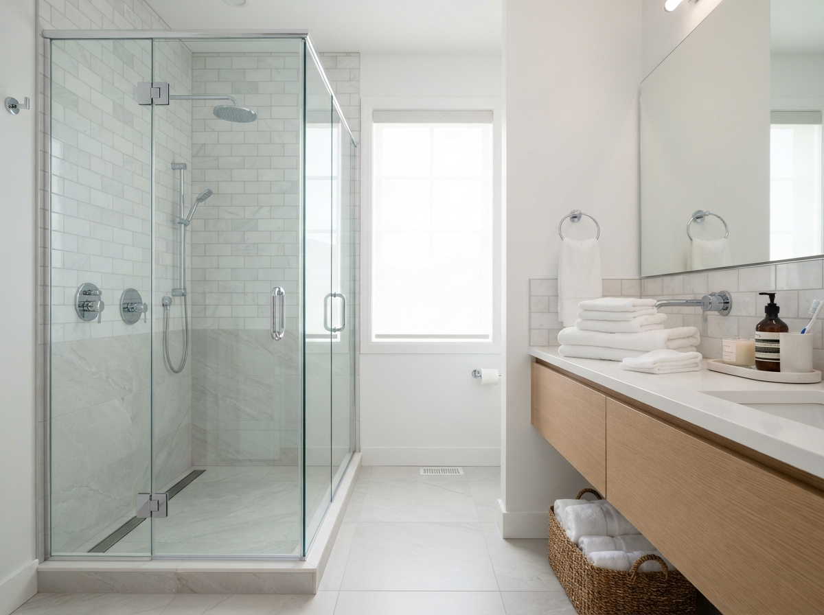 Same bathroom after professional cleaning — streak-free glass and shiny chrome fixtures