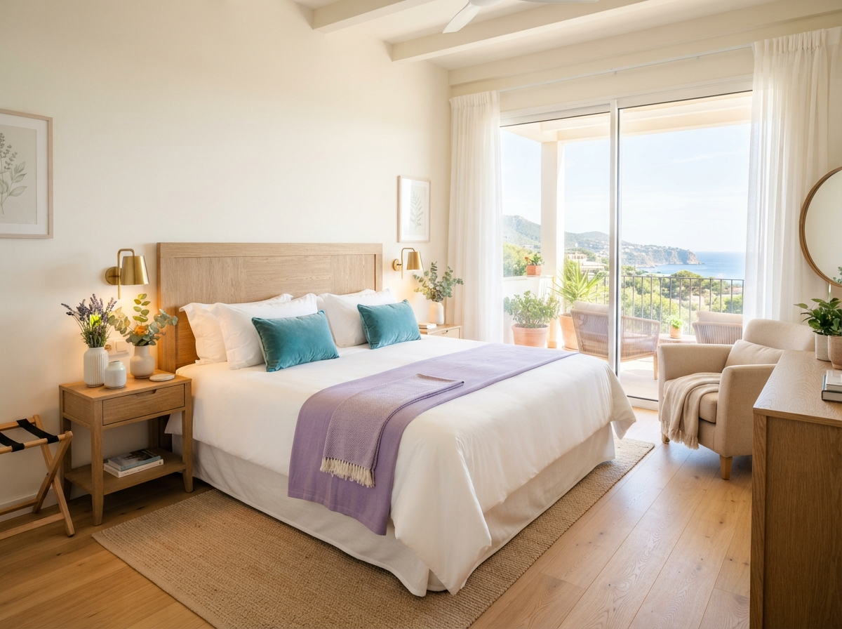 Inviting vacation rental bedroom with hotel-quality freshly made bed prepared for guests