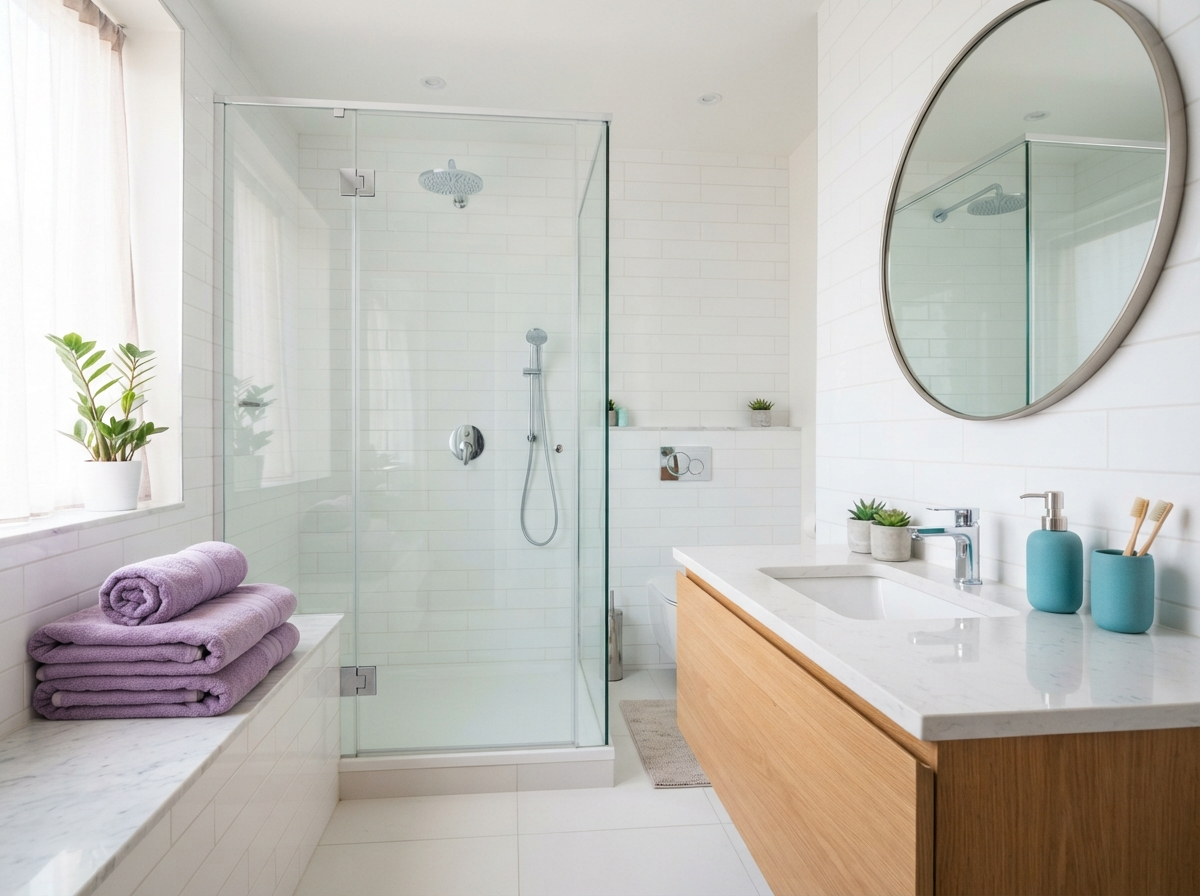 Immaculate bathroom with streak-free glass shower and gleaming fixtures after a deep cleaning
