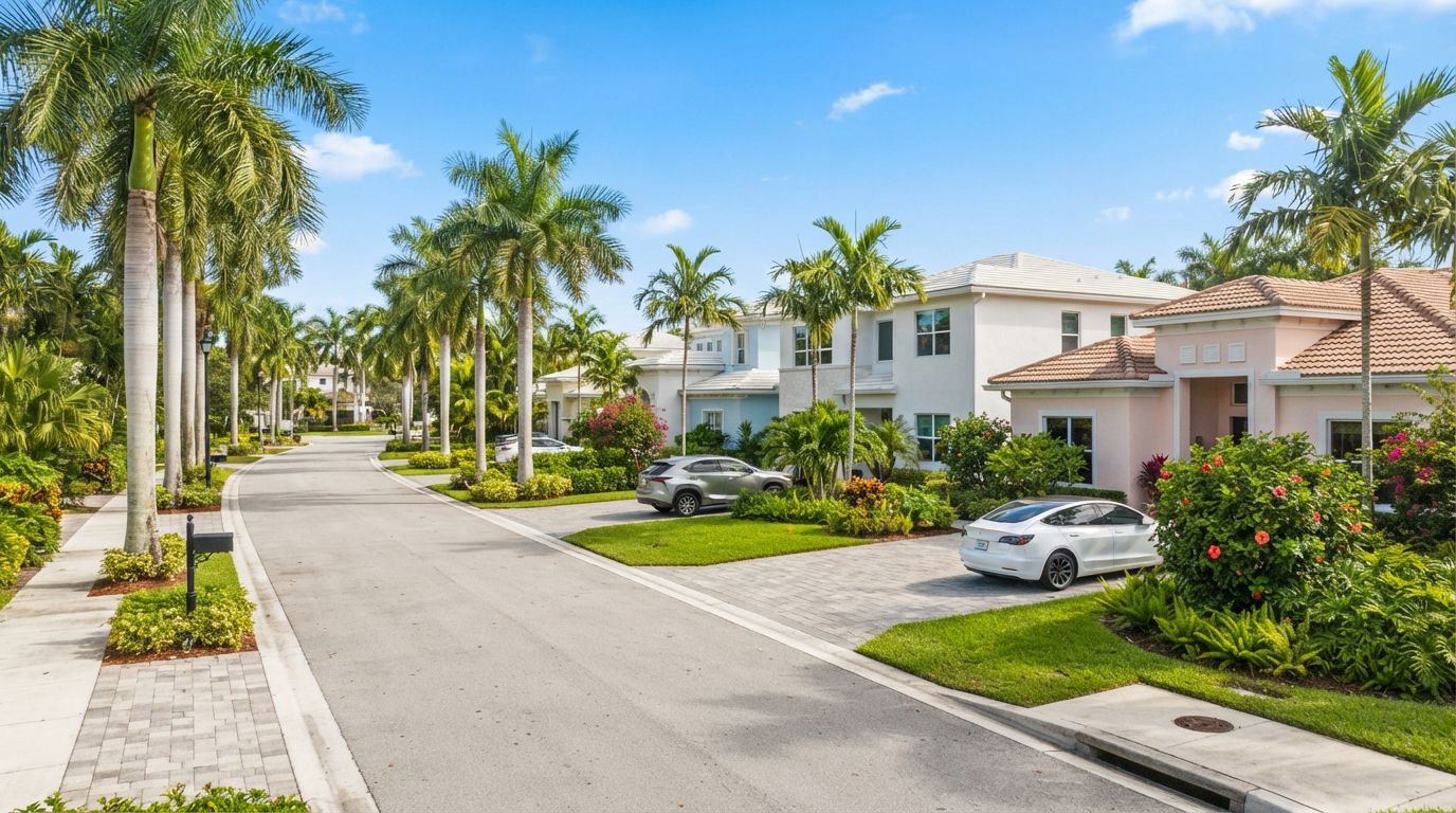 Sunny South Florida neighborhood with palm trees and modern homes served by Lili Sunshine Cleaning