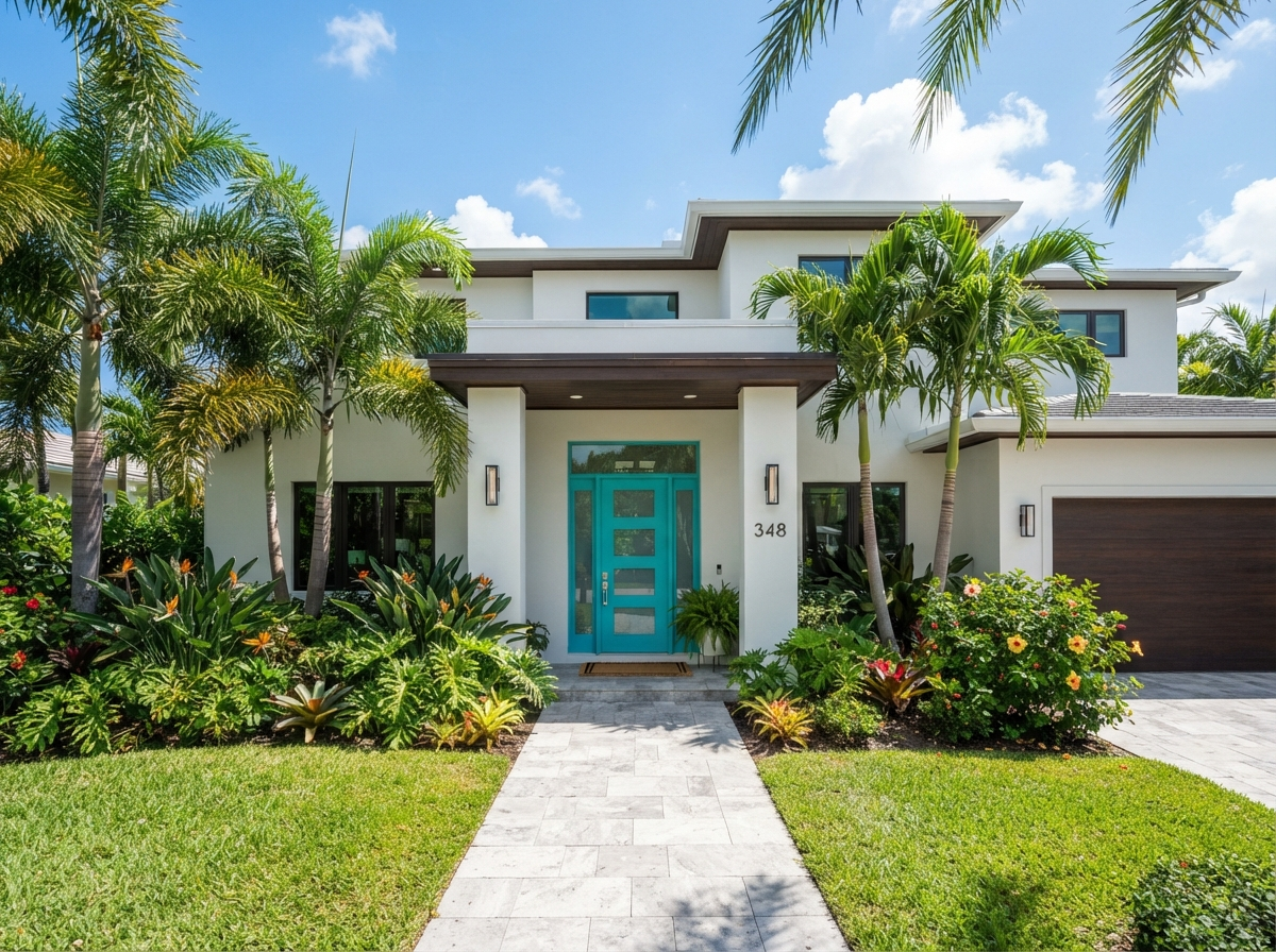 Bright South Florida home with turquoise front door and tropical landscaping