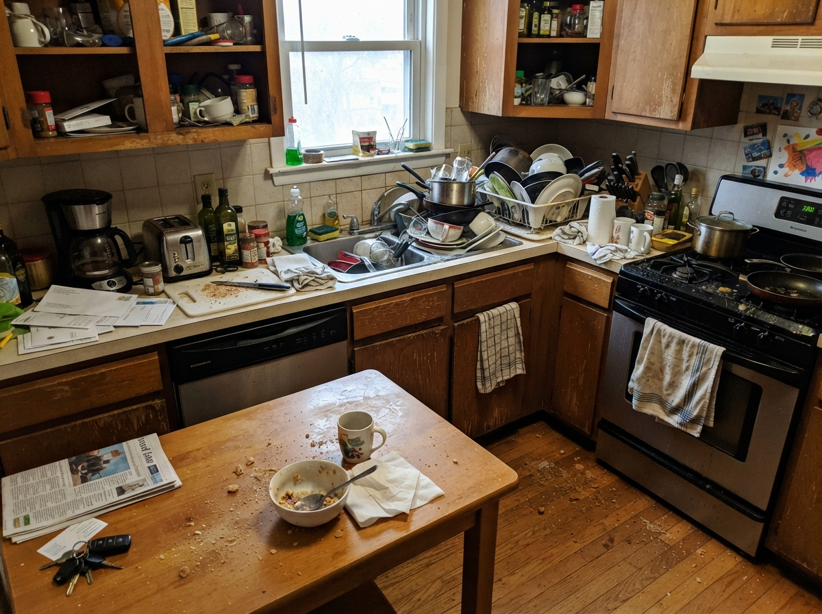 Kitchen before professional cleaning — cluttered counters and dishes in the sink