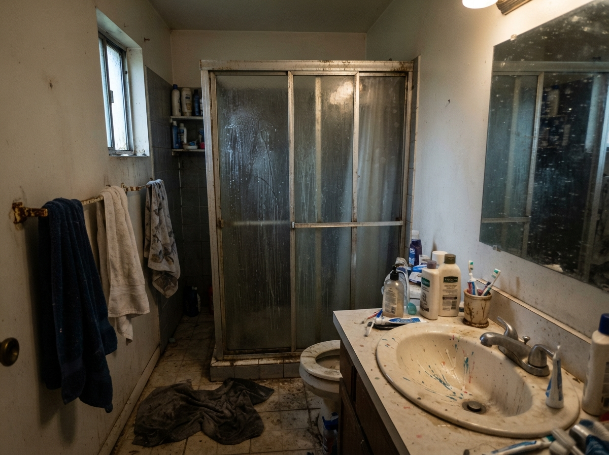 Bathroom before professional cleaning — soap scum on shower glass and water-stained fixtures