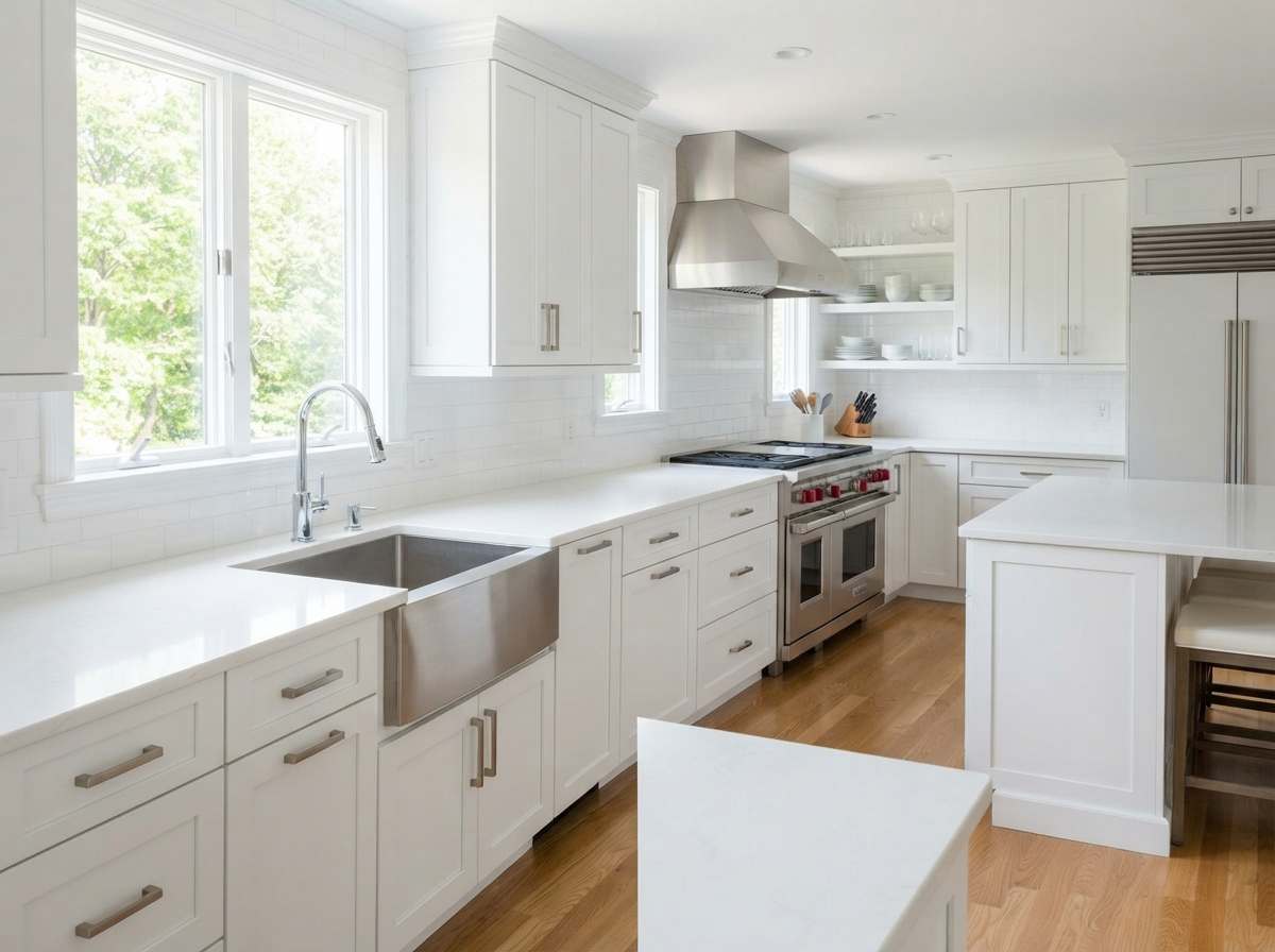 Same kitchen after professional cleaning — gleaming sink and clear, shining counters