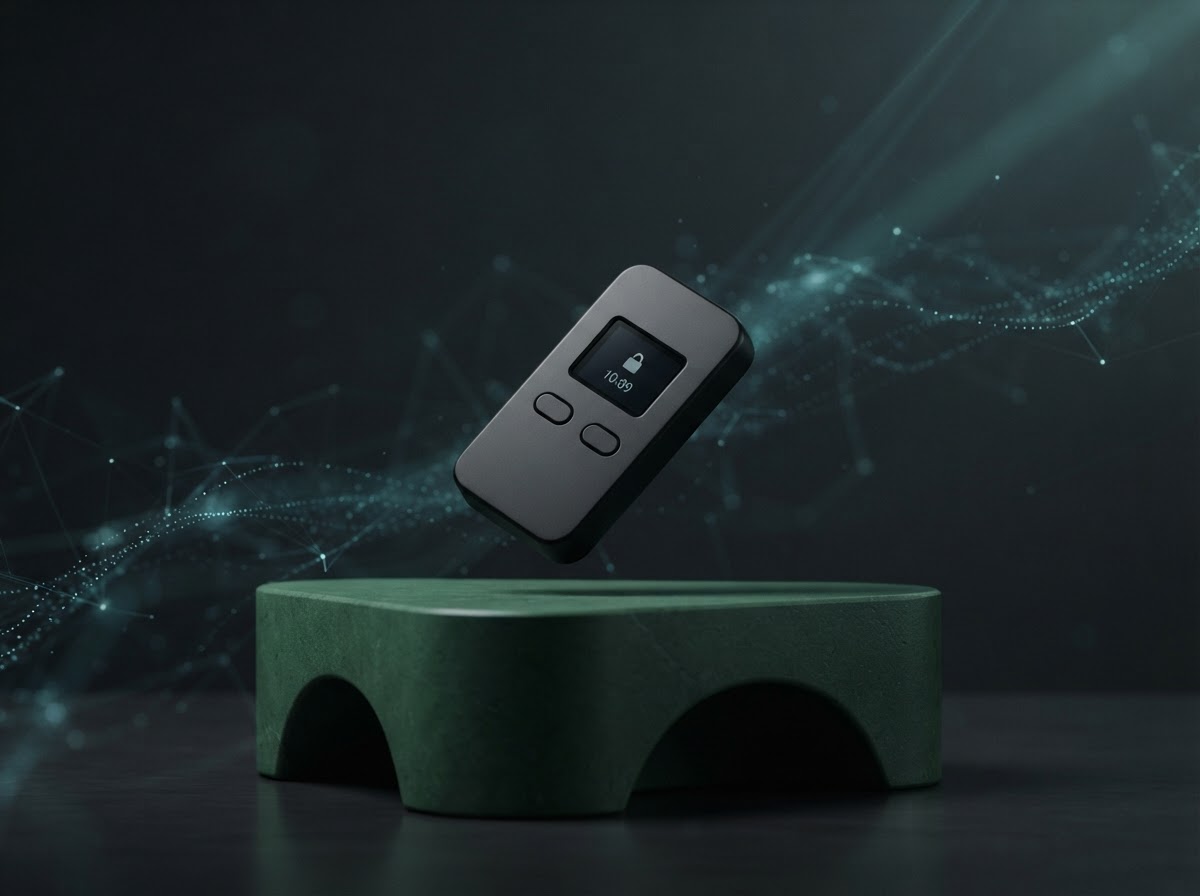 A minimalist hardware wallet shown in a dramatic, softly lit studio